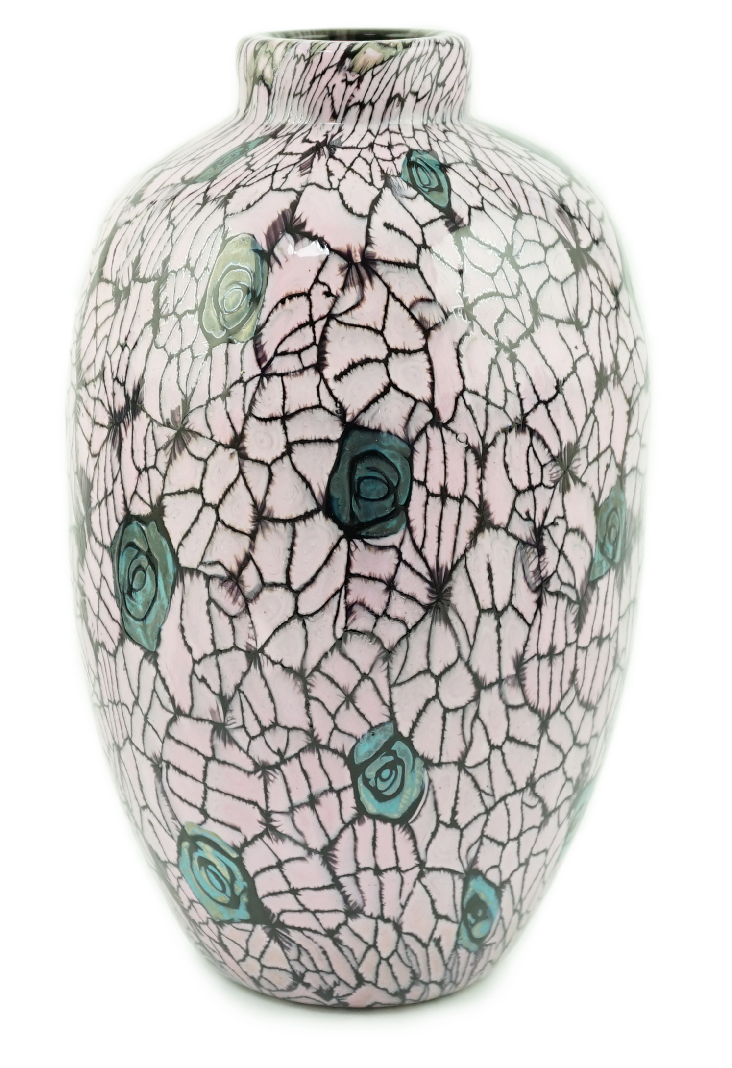 Vittorio Ferro (1932-2012) A Murano glass Murrine vase, decorated with grey roses on a pink ground, unsigned, 27cm, Please note this lot attracts an additional import tax of 20% on the hammer price
